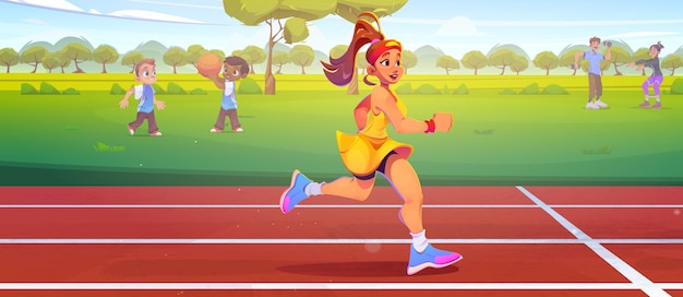 Free Vector young woman running on stadium