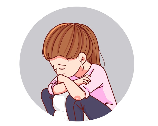 Free Vector young woman sitting feeling sad tired and worried suffering depression cartoon hand drawn cartoon art illustration