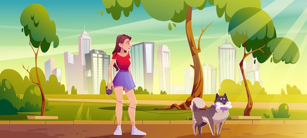 Free Vector young woman with dog walking in public city park