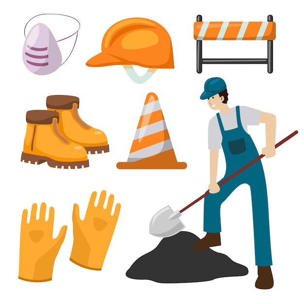 Free vector young worker man with road construction professional equipment