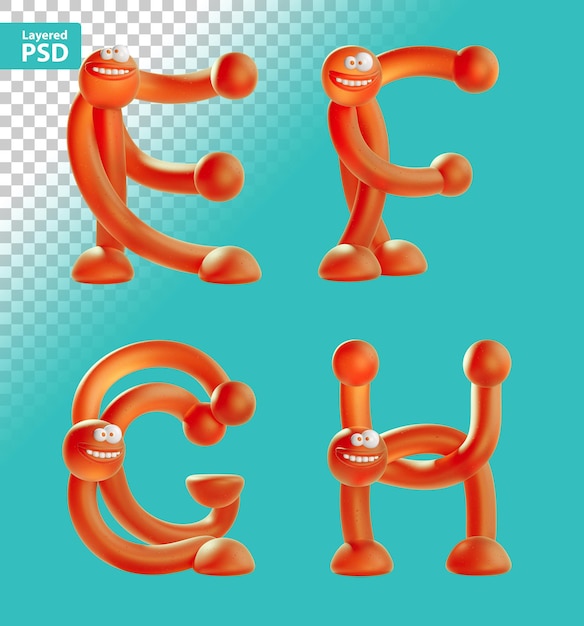 Kostenlose PSD 3d-darstellung von orangefarbenen cartoon-menschen in form von buchstaben des englischen alphabets