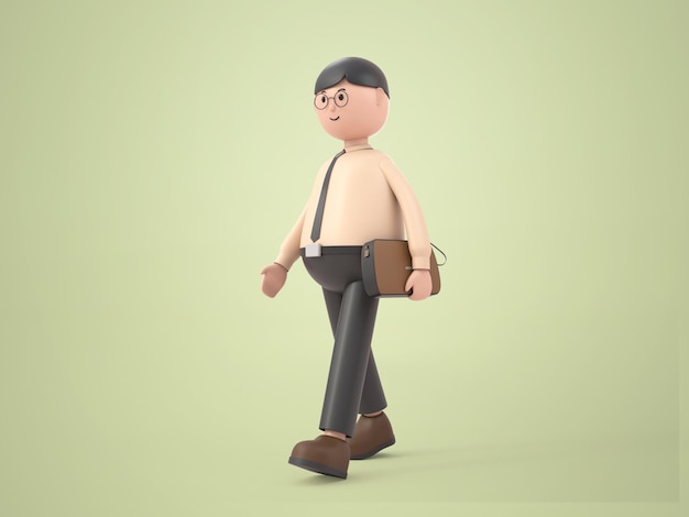 Kostenlose PSD 3d-illustration cartoon-charakter geschäftsmann mit brille zu fuß, er hält eine ledertasche in der hand, rendering