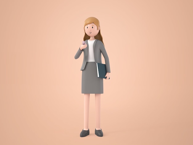 Kostenlose PSD 3d-illustration cartoon-figur junge berufstätige frau stehend und smartphone auf weiß verwenden