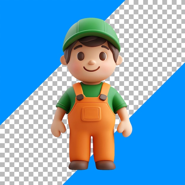 Kostenlose PSD 3d-illustration eines lächelnden cartoon-arbeiters in orangefarbenem overall mit blauem hintergrund