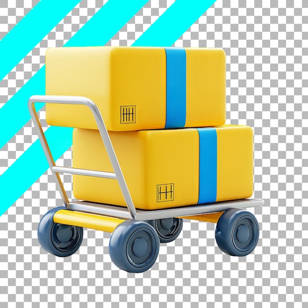 Kostenlose PSD 3d-illustration von trolley mit gelben kisten und blauen riemen auf durchsichtigem hintergrund