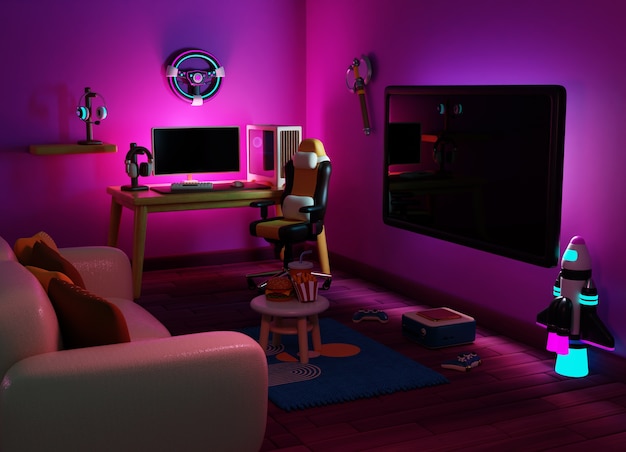 Kostenlose PSD 3d-rendering der gamer-zimmer-illustration