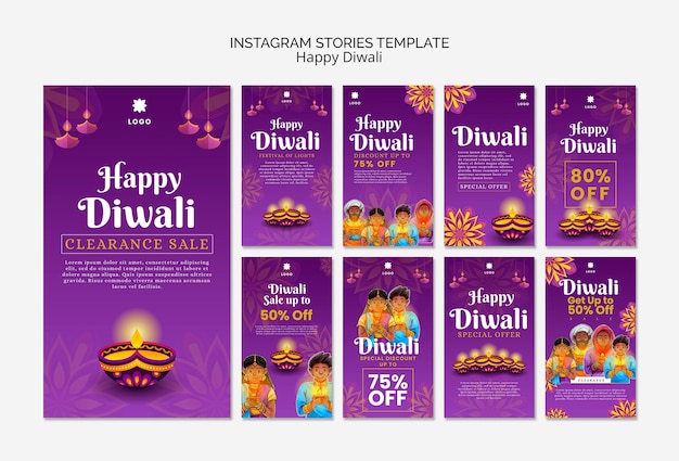 Kostenlose PSD diwali instagram-geschichten-sammlung mit mandala-design