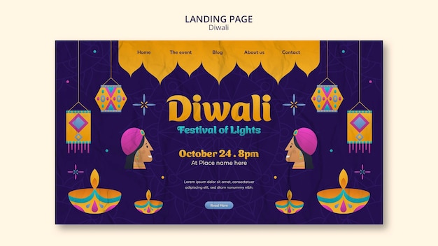 Kostenlose PSD diwali-landing-page-vorlage mit flachem design