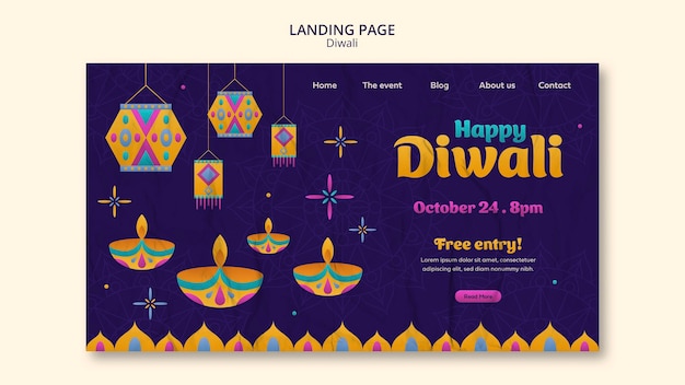 Kostenlose PSD diwali-landing-page-vorlage mit flachem design