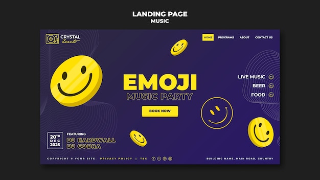 Kostenlose PSD emoji musikparty landingpage template design