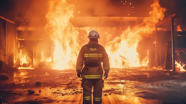 Kostenlose PSD feuerwehrmann arbeitet in brennendem gebäude feuerwehrmann auf flammenhintergrund generative ki