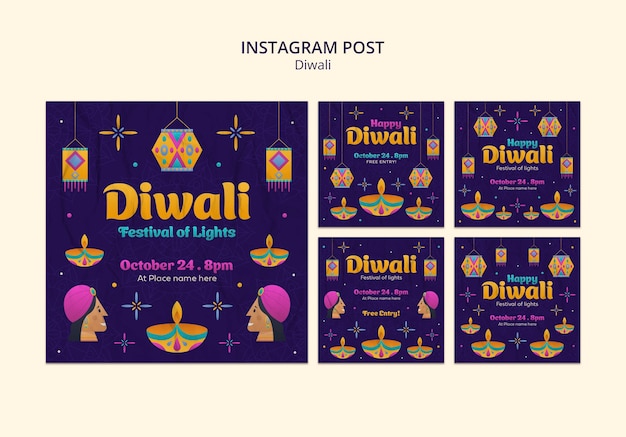 Kostenlose PSD flaches design diwali instagram post vorlage