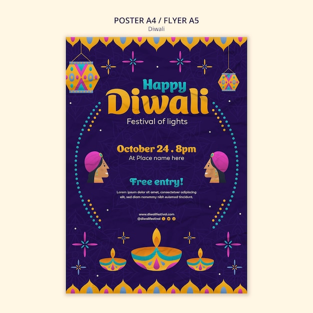 Kostenlose PSD flaches design diwali plakat vorlage