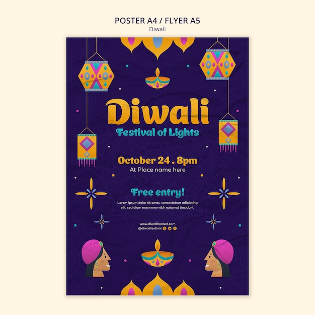 Kostenlose PSD flaches design diwali plakat vorlage