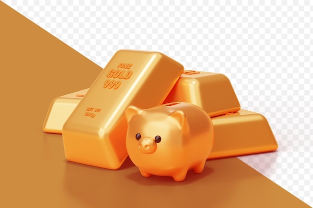 Kostenlose PSD goldbarren mit sparschwein, das goldsymbol 3d-hintergrundillustration spart