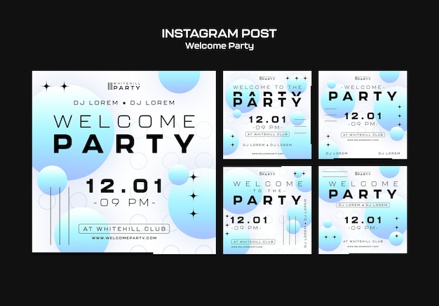 Kostenlose PSD gradient willkommensparty instagram post set