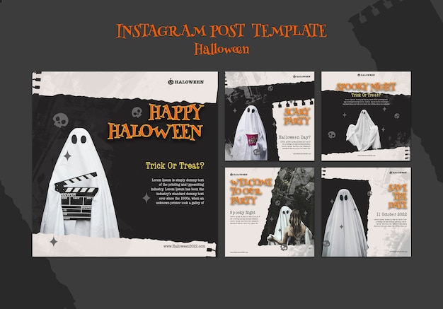 Kostenlose PSD grungy happy halloween instagram post set