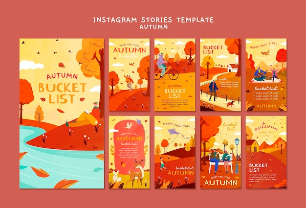 Kostenlose PSD instagram-geschichten der herbstsaison im flachen design