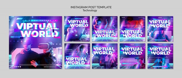 Kostenlose PSD instagram-posts für die virtuelle neonwelt eingestellt