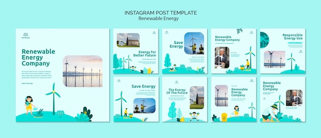 Kostenlose PSD instagram-posts-vorlage für erneuerbare energien im flachen design