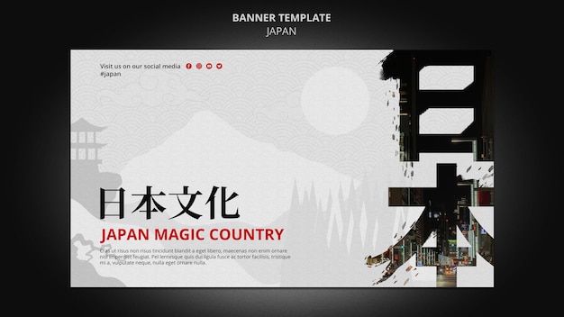 Japan-Reiseziel horizontale Banner-Vorlage mit japanischen Symbolen