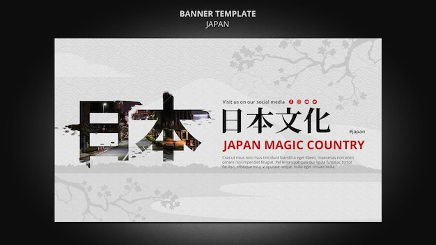 Japan-Reiseziel horizontale Banner-Vorlage mit japanischen Symbolen