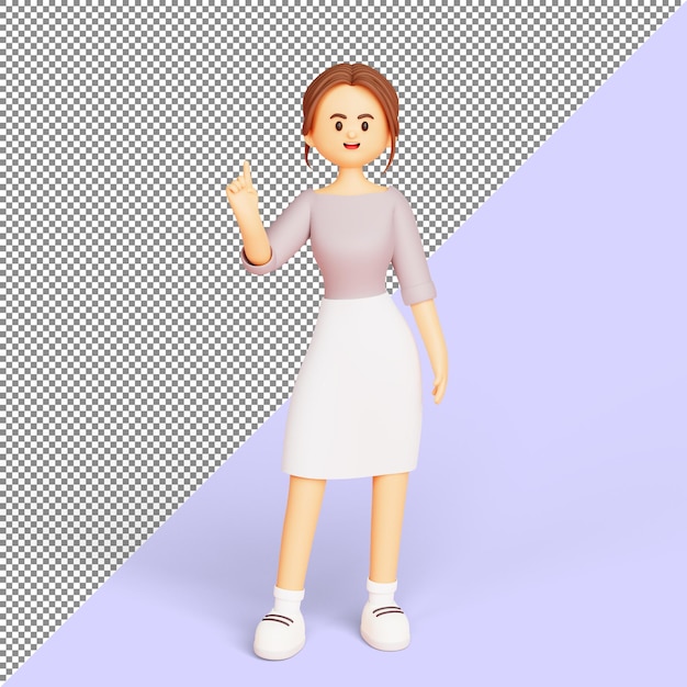 Kostenlose PSD junge geschäftsfrau steht und zeigt mit dem finger nach oben und hat eine idee 3d-illustration zeichentrickfigur