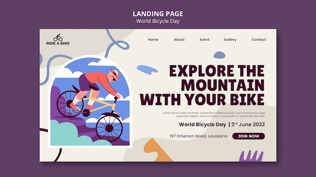 Kostenlose PSD landingpage-vorlage für den weltfahrradtag im flachen design