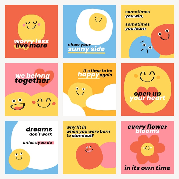 Kostenlose PSD nette positive zitate vorlagen psd doodle smiley emoticons social media post set