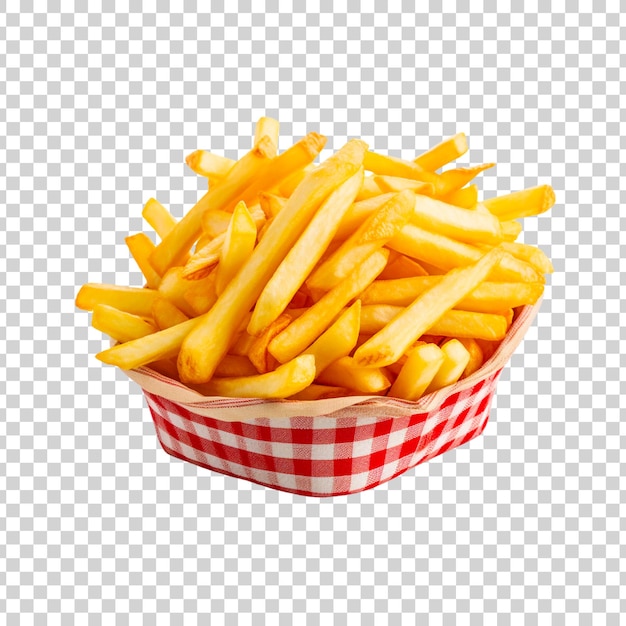 Pommes Frites mit Soße auf einem runden Holzbrett auf einem durchsichtigen Hintergrund