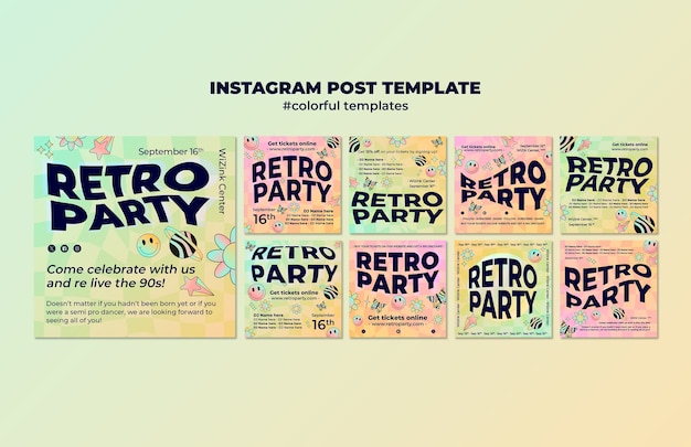 Kostenlose PSD vorlage für retro-party-instagram-beiträge mit farbverlauf