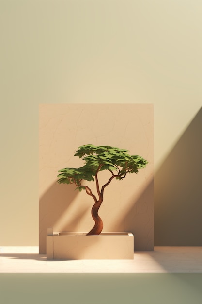 Photo gratuite arbre 3d avec des branches et des feuilles affichées sur le podium