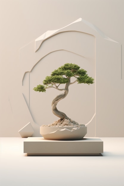 Photo gratuite arbre 3d avec des branches et des feuilles sur le podium