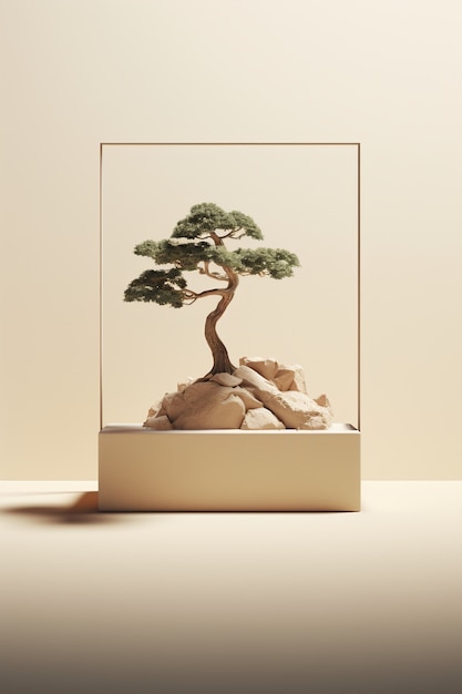 Photo gratuite arbre 3d avec des feuilles et des branches sur le podium