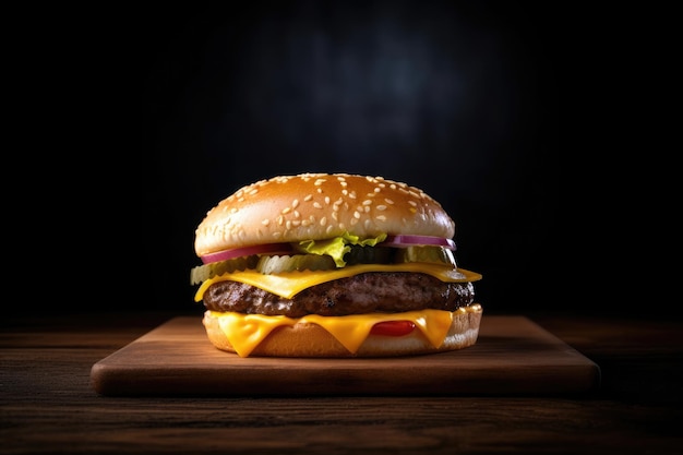 Photo gratuite burger au fromage parfait avec des légumes sur une table en bois et fond noir ai générative