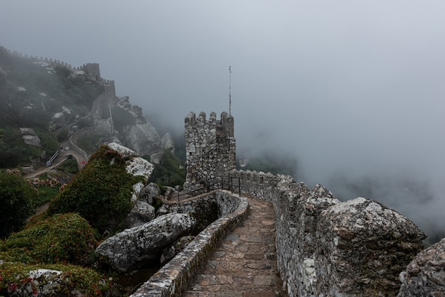 Photo gratuite château historique des maures à sintra, portugal un jour brumeux