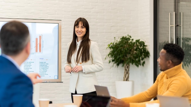 Photo gratuite chef d'équipe féminine lors d'une réunion d'affaires dans un bureau