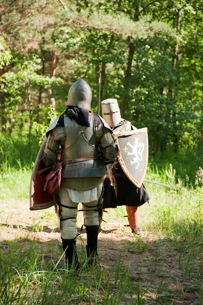 Photo gratuite les chevaliers armés se battent à la forêt