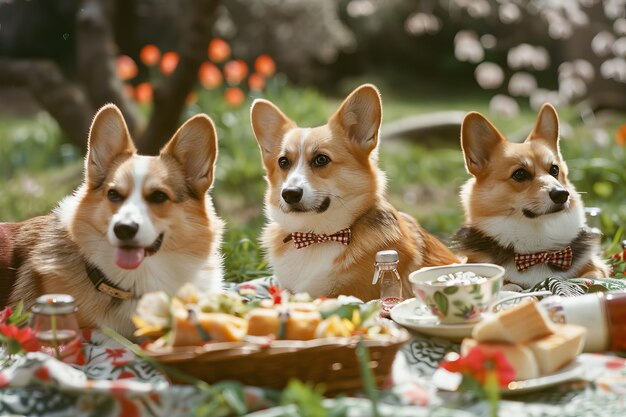 Des chiens en train de faire un pique-nique en plein air