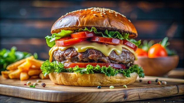 Photo gratuite close-up d'un cheeseburger juteux avec de la laitue et des tomates sur une planche en bois