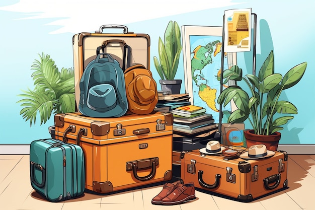 Photo gratuite concept de voyage de style dessin animé avec bagages