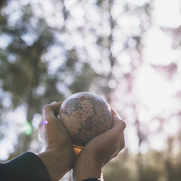 Photo gratuite cueillir les mains avec un petit globe dans la nature