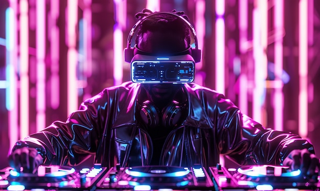 Photo gratuit un décor futuriste avec un dj en charge de la musique en utilisant des lunettes de réalité virtuelle