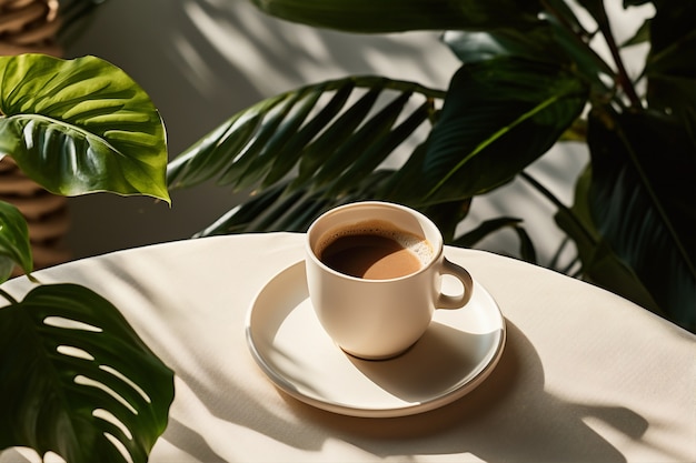 Photo gratuite délicieuse tasse à café avec des plantes