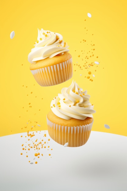 Photo gratuite délicieux cupcakes jaunes flottants