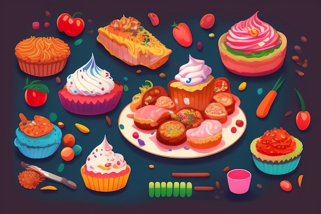 Photo gratuite un dessin animé d'une table pleine de nourriture, y compris une variété de desserts.