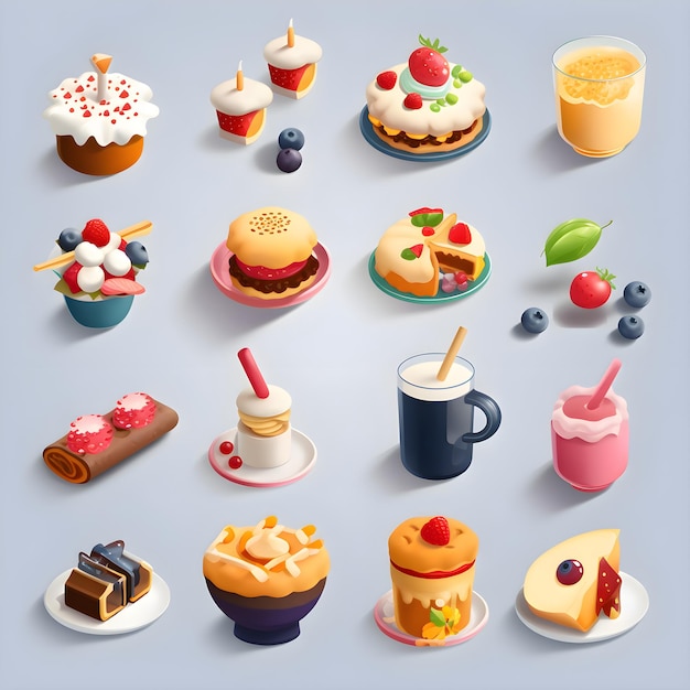 Photo gratuite ensemble de différentes icônes de gâteaux et de desserts dans le style 3d isométrique