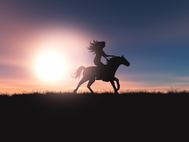 Photo gratuit femme 3d sur son cheval dans un paysage de coucher de soleil