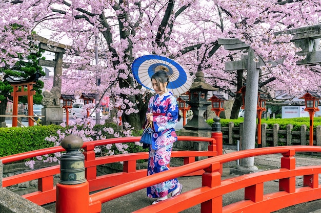 Photo gratuite femme asiatique portant kimono traditionnel japonais et fleur de cerisier au printemps, temple de kyoto au japon.