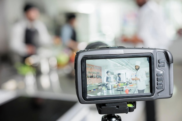 Photo gratuite gros plan sur une caméra enregistrant des travailleurs de l'industrie alimentaire préparant un délicieux plat gastronomique de légumes dans la cuisine du restaurant. des experts en gastronomie diffusent le processus de préparation des repas pour le programme d'émissions culinaires télévisées.